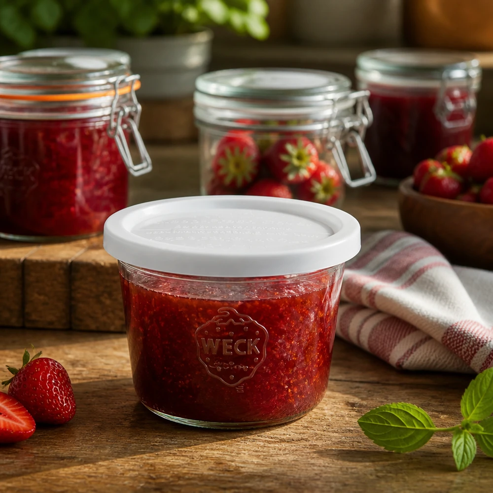 WECK Pot renversé 370ml RR100 rempli de confiture de fraises dans une cuisine rustique à côté de fraises fraîches et de bocaux à conserves
