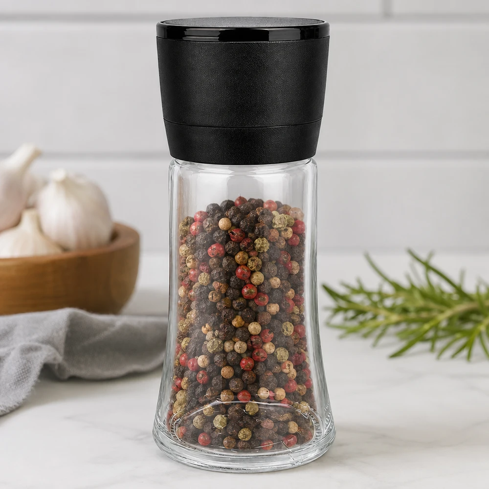 Pot à sel/épices 95 ml avec moulin Vario noir Moulin à poivre de 95 ml avec mécanisme de broyage noir et grains de poivre multicolores, sur un socle en marbre blanc