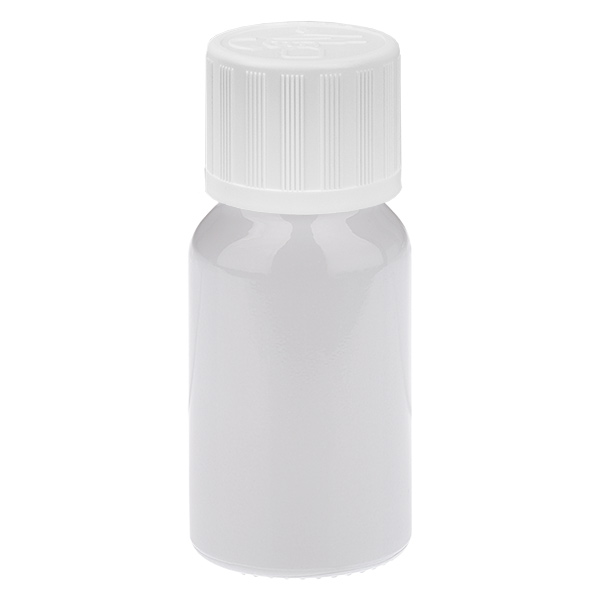 Flacon de 10 ml, bouchon à vis blanc de 11 mm, standard, sécurité enfant WhiteLine UT18/10 Flacon de 10 ml, bouchon à vis blanc de 11 mm, standard, sécurité enfant WhiteLine UT18/10