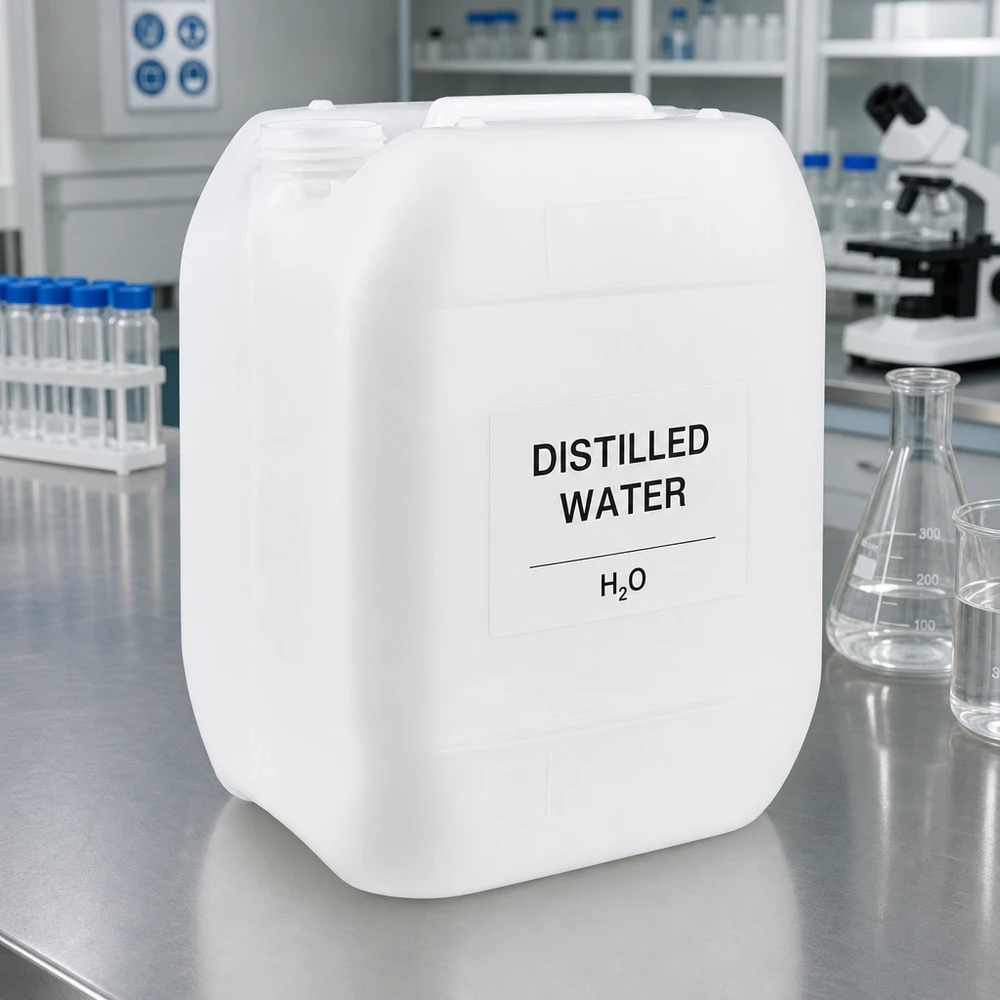 Jerrican de 10 litres sans bouchon Un bidon de 10 litres sans couvercle dans un laboratoire, avec un microscope et un ballon d'Erlenmeyer en arrière-plan