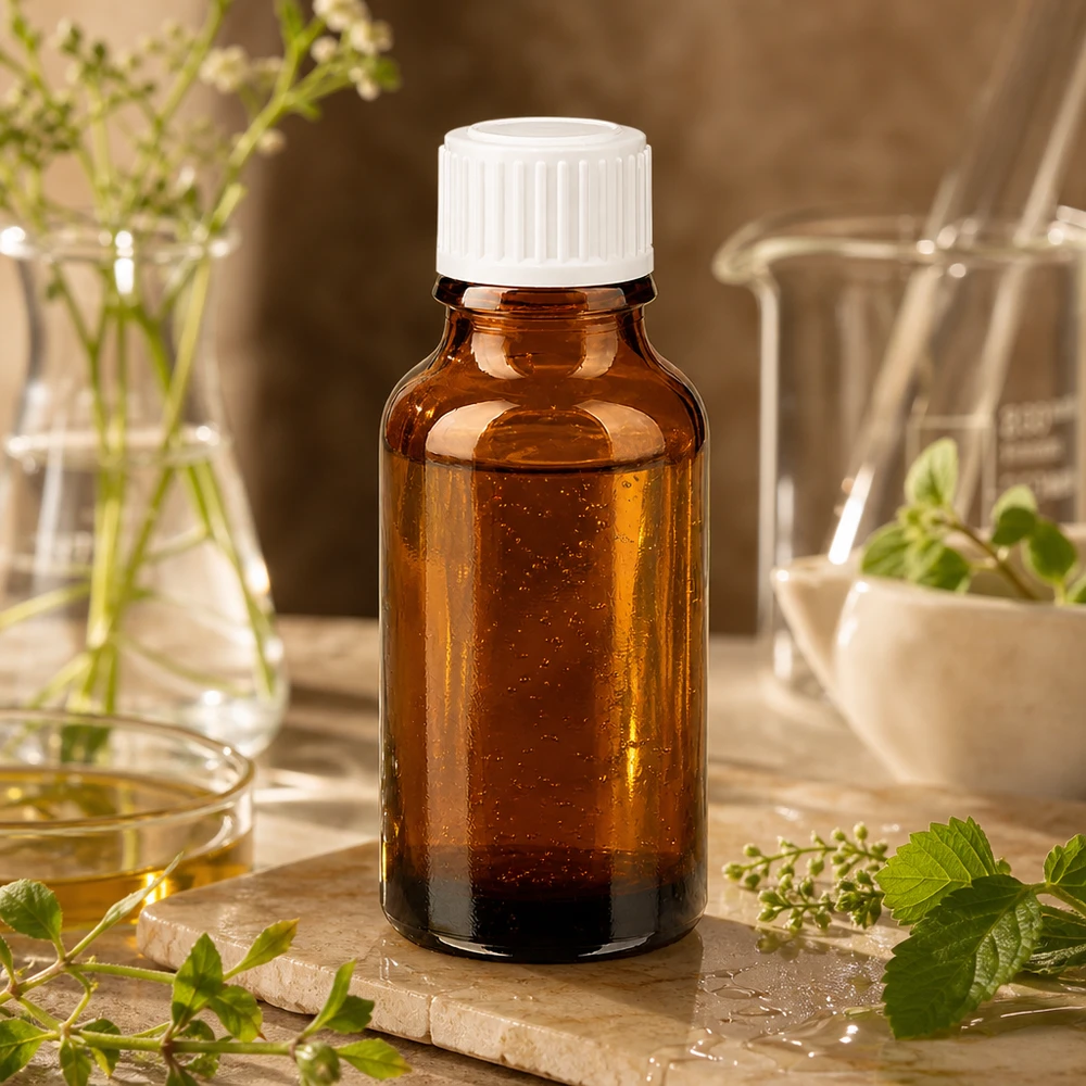 Flacon à pharmacie marron 20ml bouchon vissable blanc std Flacon en verre ambré de 20 ml avec un bouchon en plastique blanc, posé sur une pierre naturelle ornée de brins d'herbes vertes
