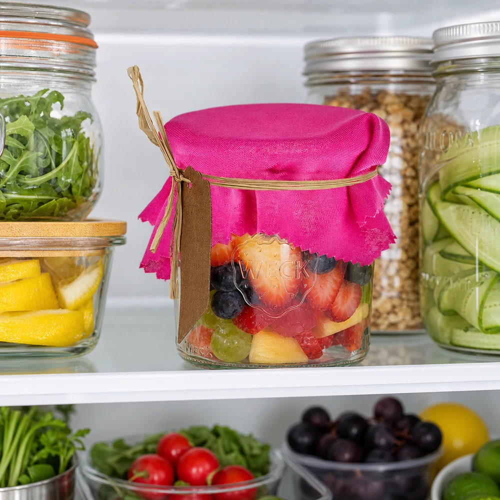 Cache-bijoux en tissu rose 12cm carré sur un bocal de fruits dans le réfrigérateur montre une conservation pratique des aliments frais