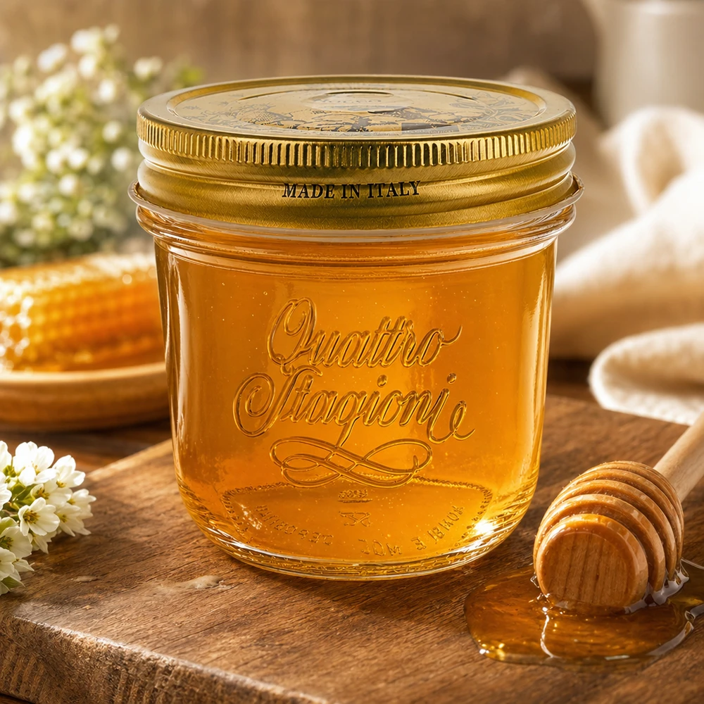 200ml Quattro Stagioni Verre renversé avec couvercle doré rempli de miel sur table en bois avec cuillère à miel et fleurs