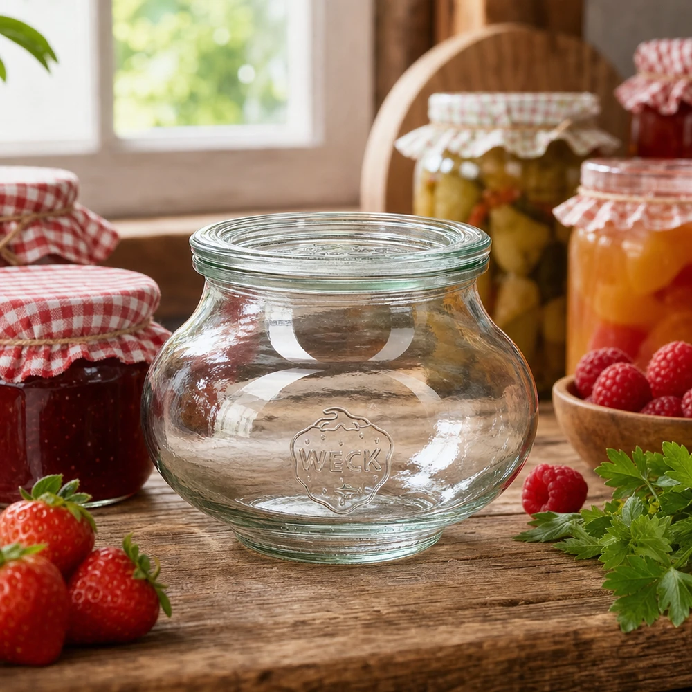 Bocal décoratif de 560 ml avec couvercle en verre WECK RR80 WECK RR80 Pot de conservation de 560ml décoré dans une cuisine rustique avec des confitures de fruits et autres bocaux de stockage
