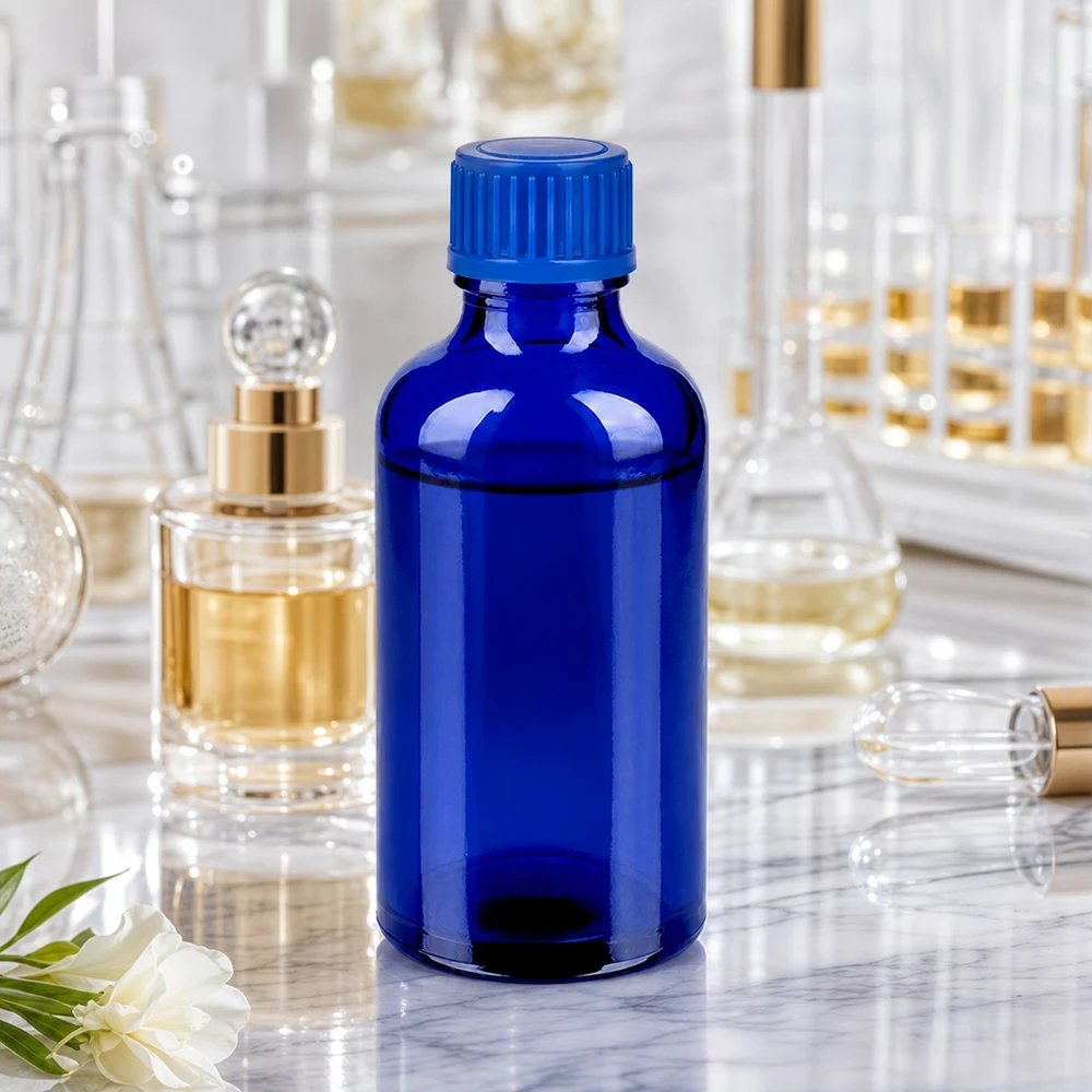 Flacon de 50ml 11mm SV bleu STD BlueLine UT18/50 Flacon de 50 ml bleu cobalt avec bouchon anti-gouttes pour la précision