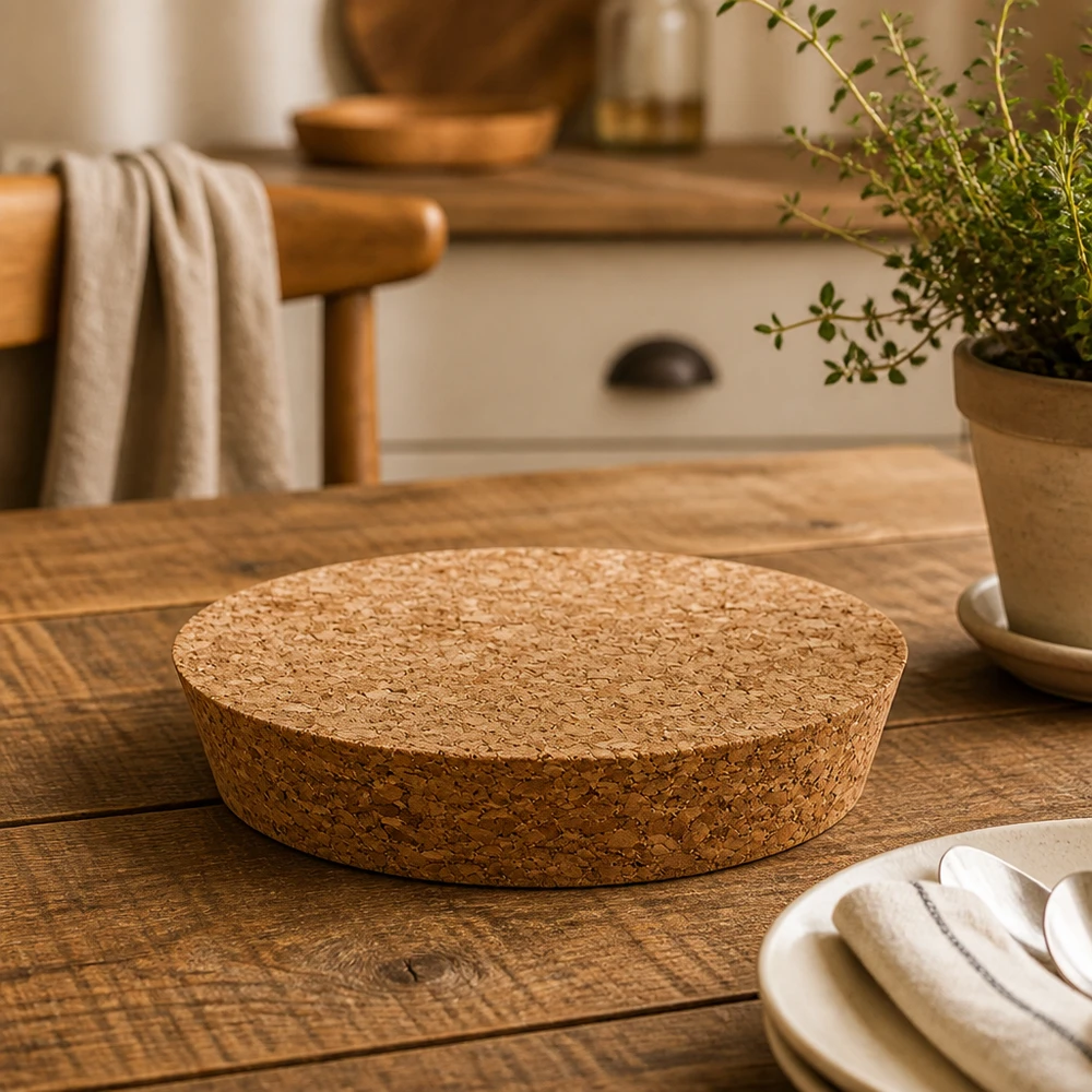 Bouchon naturel pour WECK RR100 (ø90/104, hauteur 20mm) WECK RR100 Bouchon Détail sur table en bois avec ustensiles de cuisine et pot d'herbes aromatiques couvercle en liège naturel hauteur 20mm