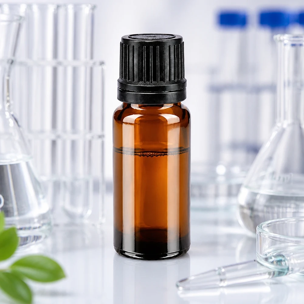 Flacon compte-gouttes de 10 ml conforme aux normes pharmaceutiques, en verre brun de pharmacie, avec un goulot de 1 mm