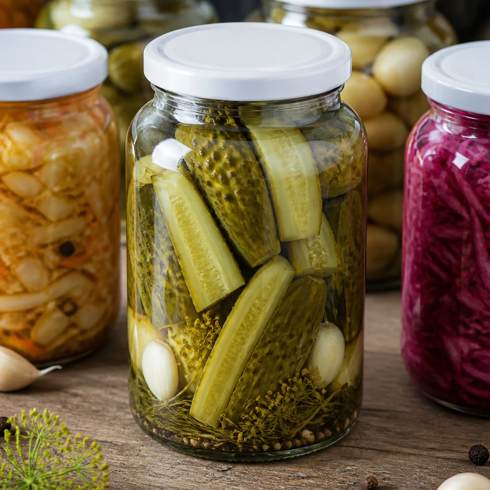 Bocal rond de 1700ml pour cornichons marinés avec couvercle BasicSeal montre la conservation des légumes.