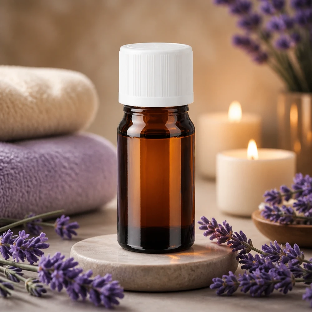 Flacon compte-gouttes d'aromathérapie de 5 ml, en verre ApoGlas brun avec bouchon blanc à sécurité enfant, dans un décor de spa