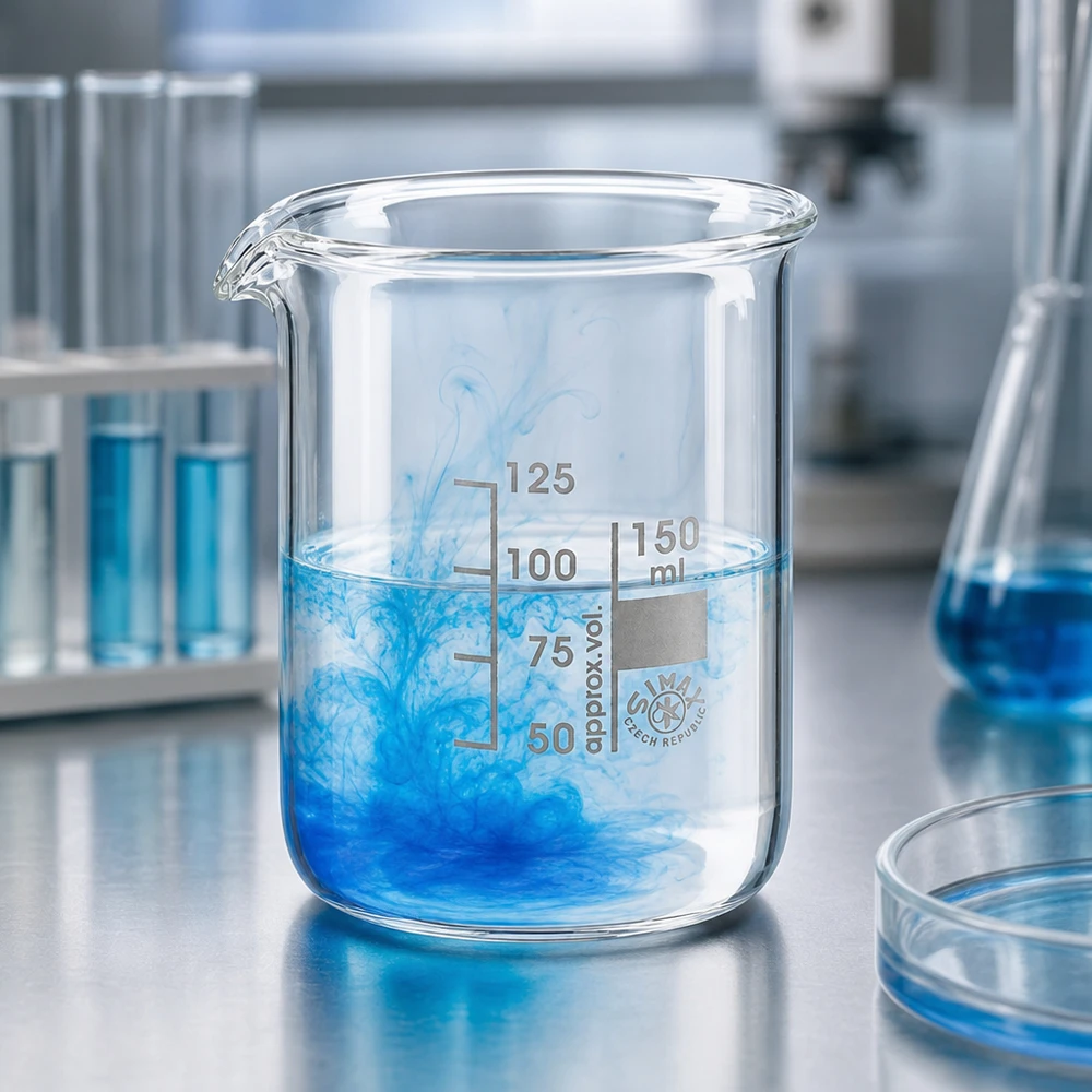 Bécher 150ml en verre borosilicate résistant à la chaleur (forme basse) Gobelet en verre borosilicaté résistant à la chaleur 150ml avec liquide bleu dans un laboratoire moderne