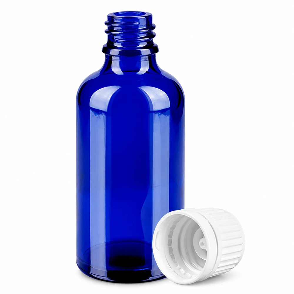 Flacon 50ml 11mm SV blanc OV BlueLine UT18/50 Flacon en verre violet de 50 ml avec bouchon blanc DIN18 pour compléments alimentaires