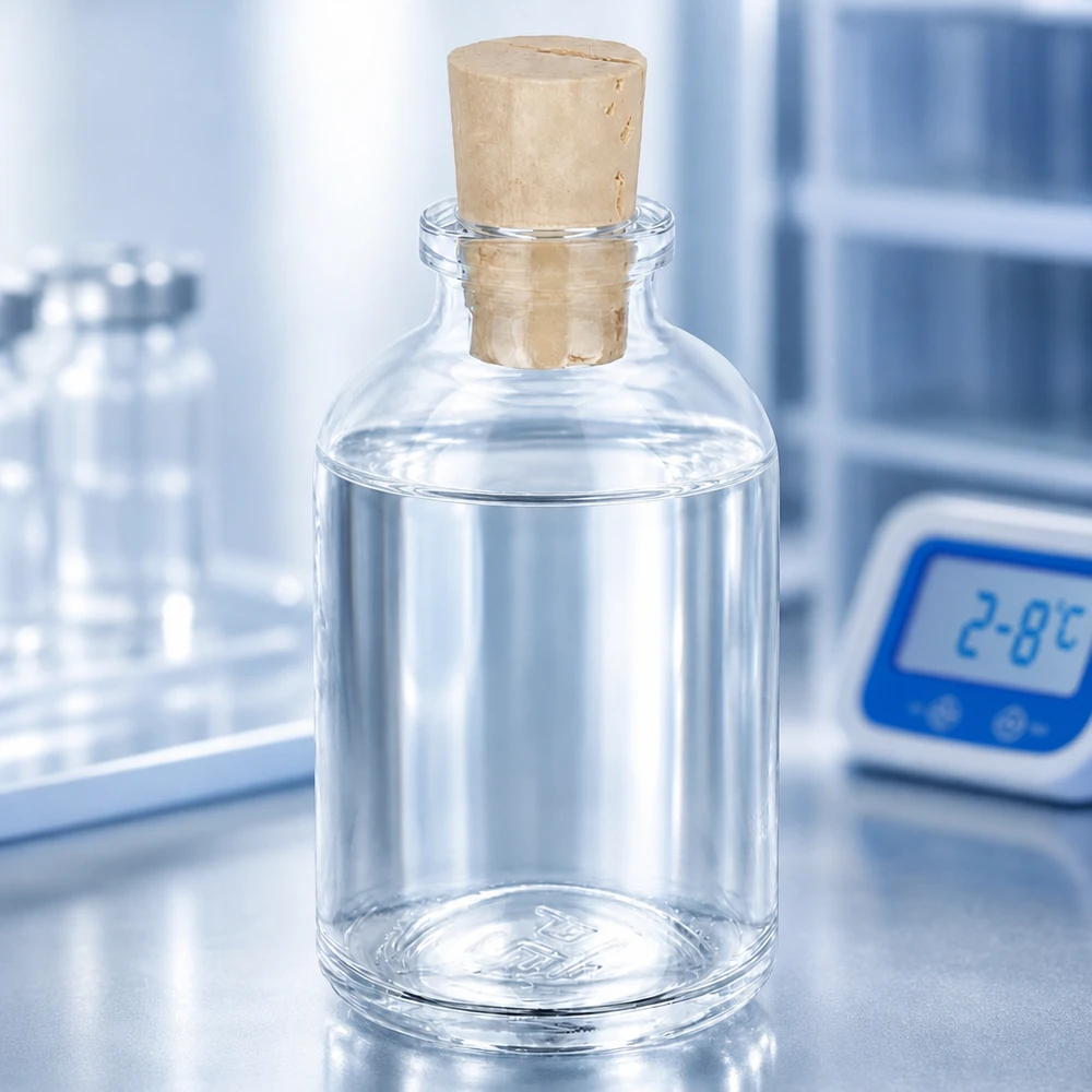 Flacon en verre clair 50 ml avec bouchon de liège 11/14 mm Apothekerflasche Klarglas 50ml mit Korken 11/14mm halb gefüllt mit klarer Lösung im Kühlbereich