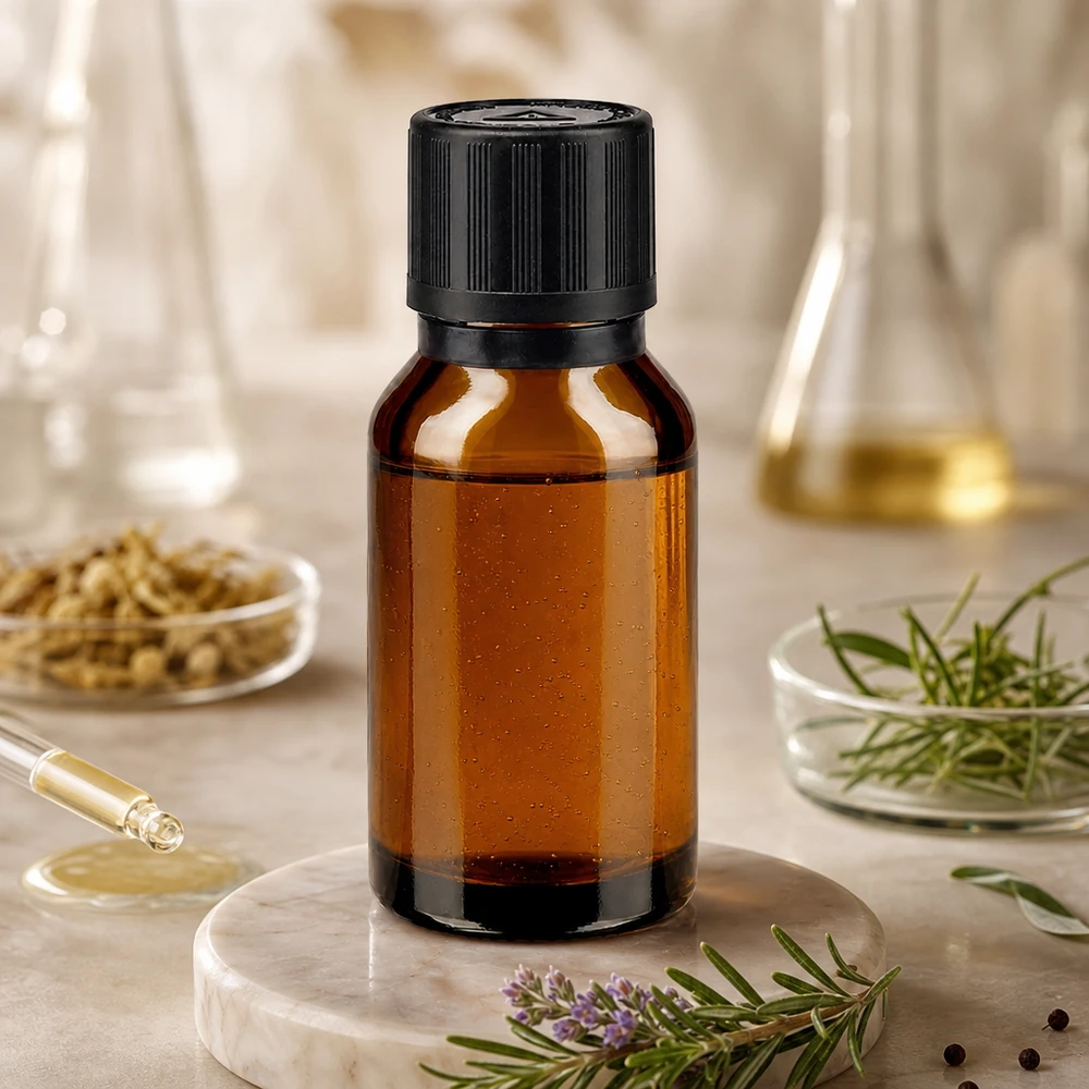 flacon à pharmacie brun 15ml bouchon inviolable 1mm noir sécurité enfant adapté aux aveugles bouchon inviolabilité Flacon en verre ambré de 15 ml avec bouchon d'inviolabilité, posé sur un plateau en marbre à côté d'herbes fraîches