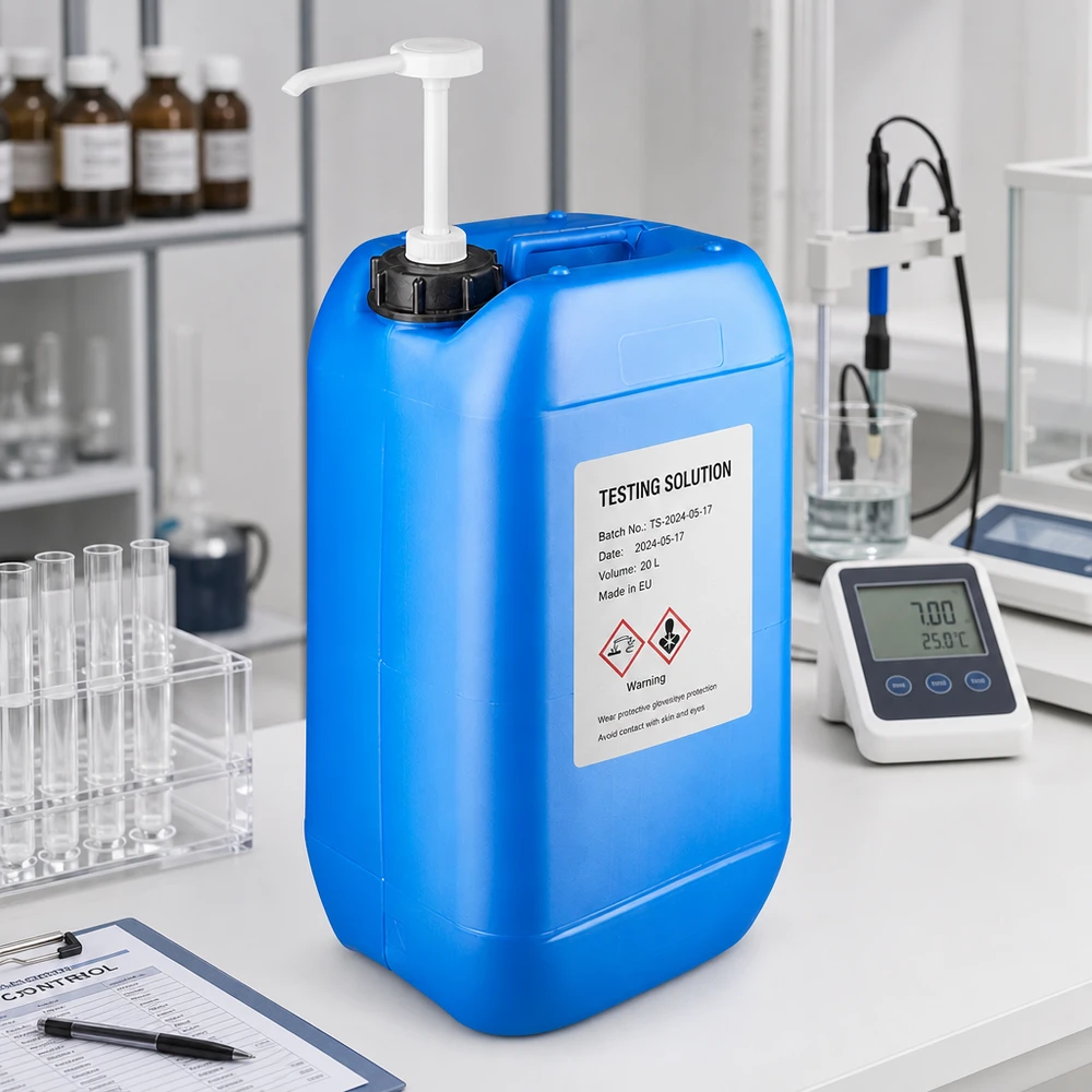 Bidon bleu de 15 litres avec bouchon de fermeture et système de pompe pour un dosage précis des produits chimiques en laboratoire