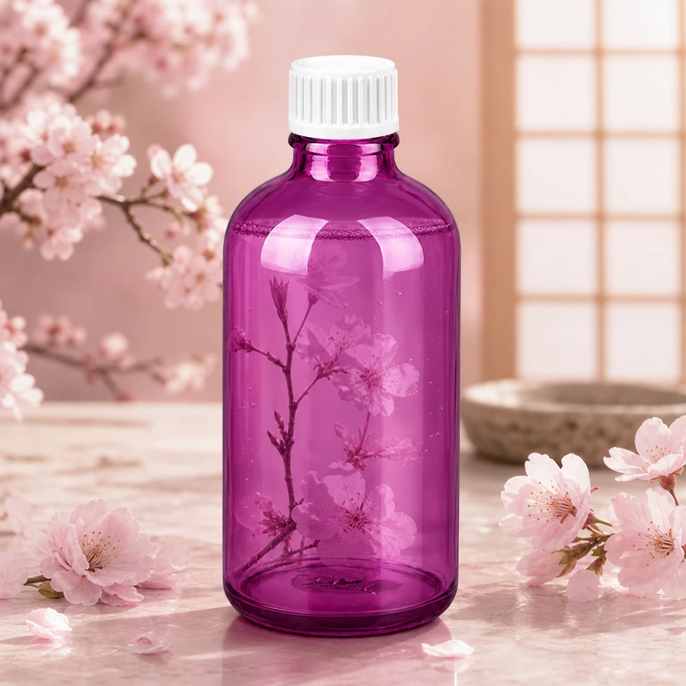 Flacon 100ml (globules) 3mm bague de coulée blanche standard PurpleLine. UT18/100 Bouteille compacte en verre Purple de 100ml idéale pour les kits de voyage et les applications mobiles
