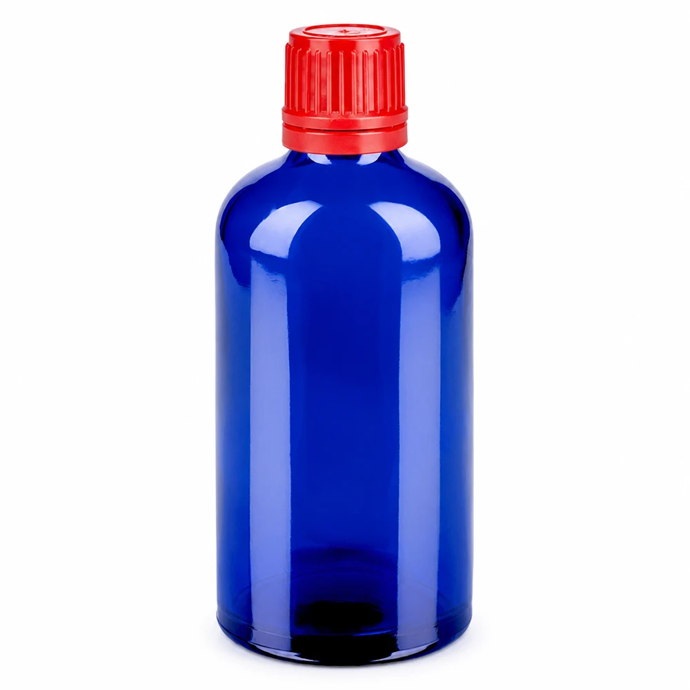 Flacon 100ml 11mm SV rouge OV BlueLine UT18/100 Flacon en verre de haute qualité 100ml bleu cobalt avec bouchon de sécurité pour médicaments
