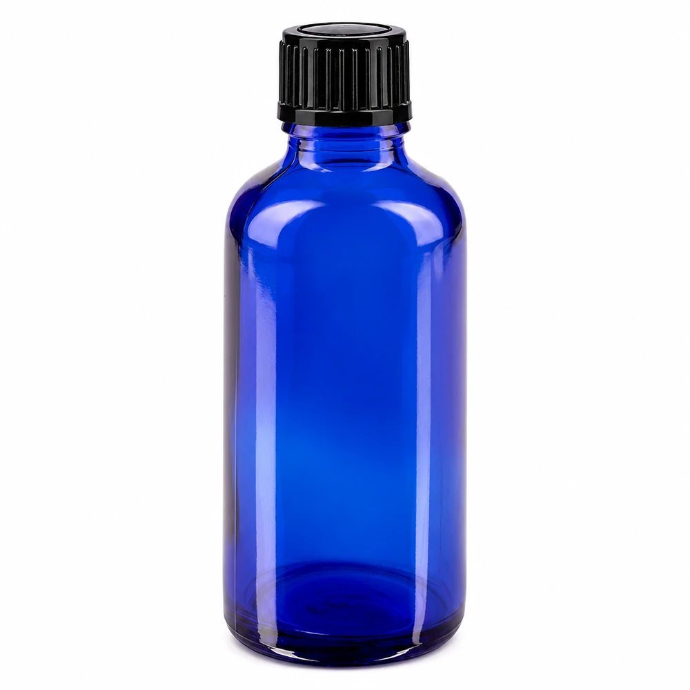 Flacon de pharmacie bleu 50ml bouchon vissable noir std Flacon en verre bleu de 50 ml avec bouchon d'inviolabilité noir, destiné aux pharmacies