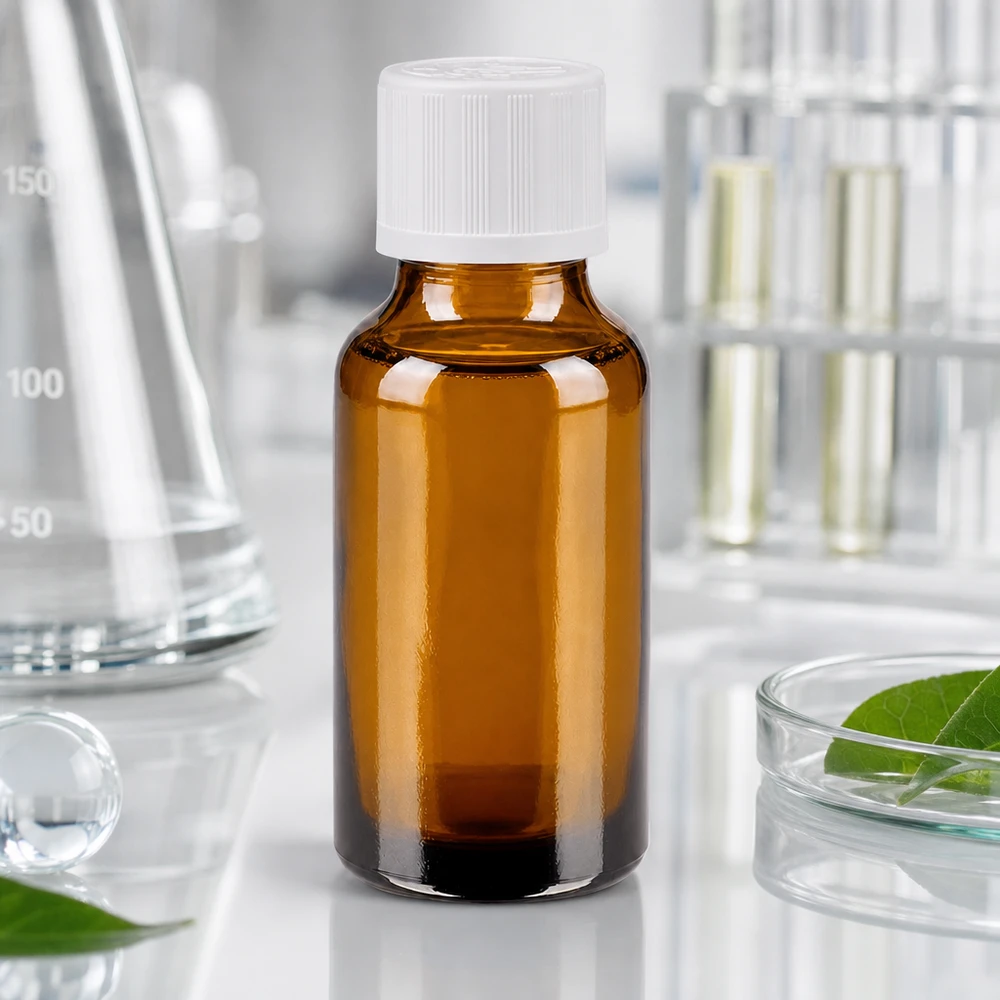 Flacon pharm. brun 20ml, bouchon vissable blanc, sécu. enfant std. Flacon en verre brun de 20 ml avec bouchon à vis blanc et sécurité enfant pour produits pharmaceutiques