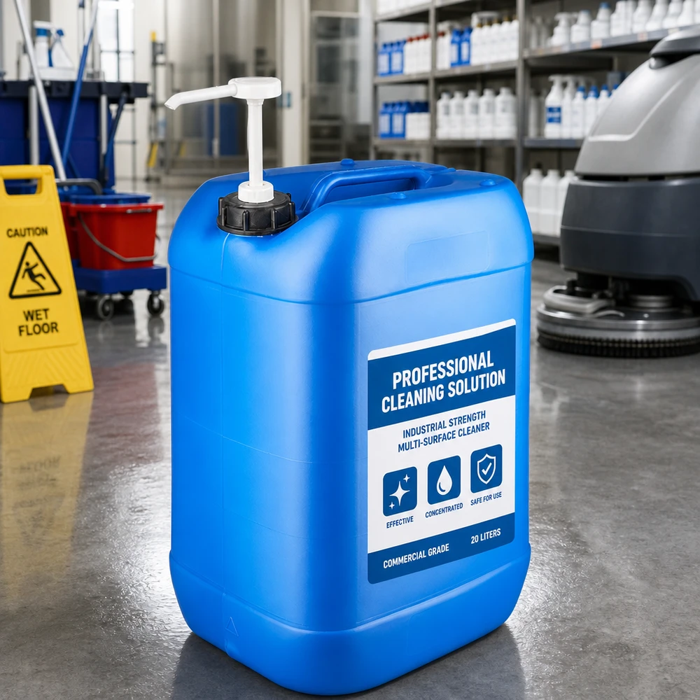 Grand bidon bleu de 25 litres muni d'un distributeur à pompe, posé sur un sol en béton à côté d'une machine de nettoyage des sols
