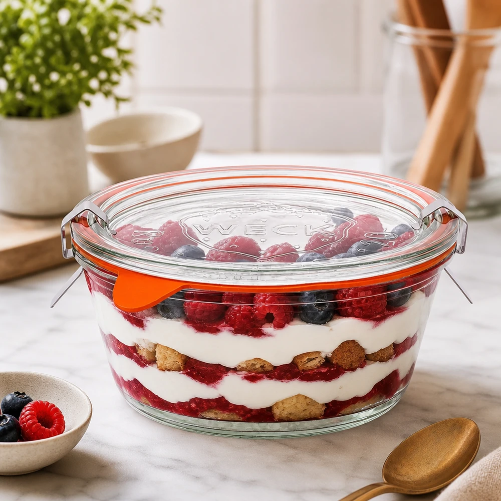 WECK Pot Gourmet 300ml RR120 rempli de dessert aux baies stratifié, trifle dans un conteneur en verre avec couvercle