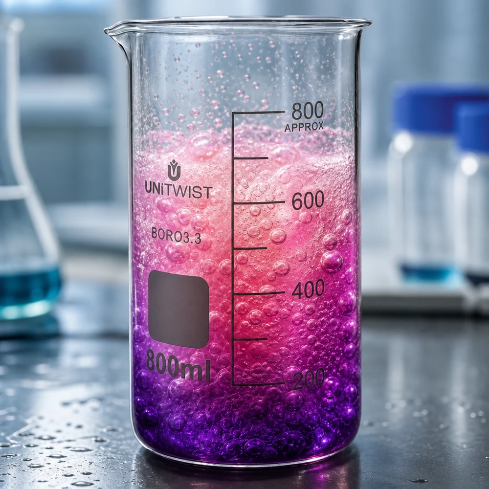 Bécher 800ml borosilicate, forme haute UNITWIST UNITWIST 800 ml, verre de laboratoire en borosilicate, forme haute, avec dégradé de couleurs rose-violet