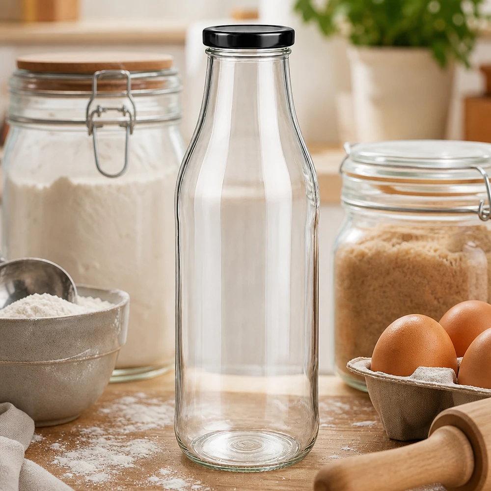 1000ml Bouteille avec couvercle BasicSeal noir UNiTWIST Bouteille en verre de 1000 ml vide sur une table en bois entre les ingrédients de cuisson, les œufs et la farine comme équipement de cuisine