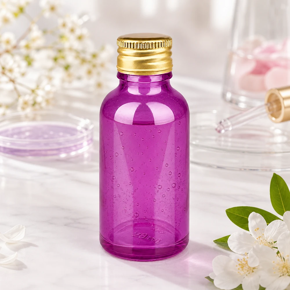 Flacon 30ml bouchon à visser 11mm alu-or standard PurpleLine. UT18/30 Flacon compte-gouttes violet de 30ml avec bouchon aluminium-or parfait pour les soins de la peau et les essentiels de beauté