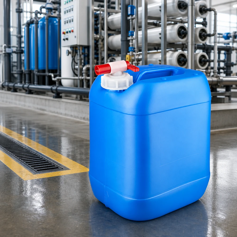 Bidon d'eau de 20 litres avec robinet rouge dans une station de traitement d'eau moderne