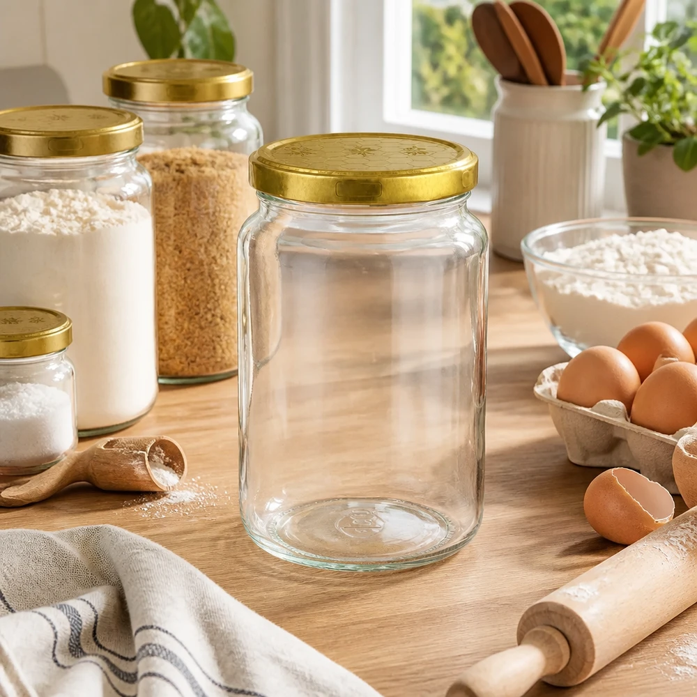 Verre rond vide de 795 ml avec couvercle doré en nid d'abeille dans une scène de cuisine avec des œufs et des ingrédients de pâtisserie