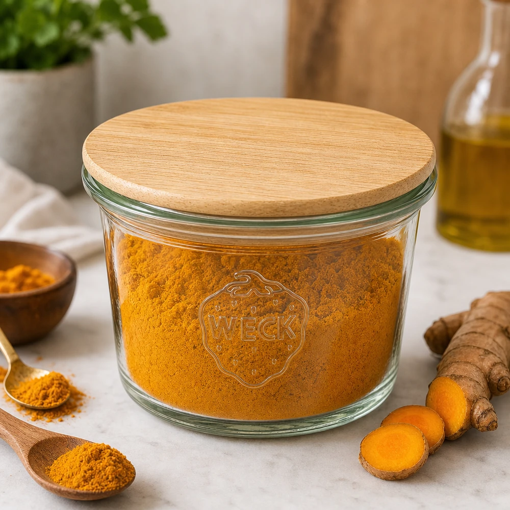 Mini bocal en verre renversé de 35 ml WECK RR40 avec couvercle en bois WECK Mini pot 35ml avec couvercle en bois rempli de poudre de curcuma dans la cuisine à côté de racines de curcuma fraîches et d'épices
