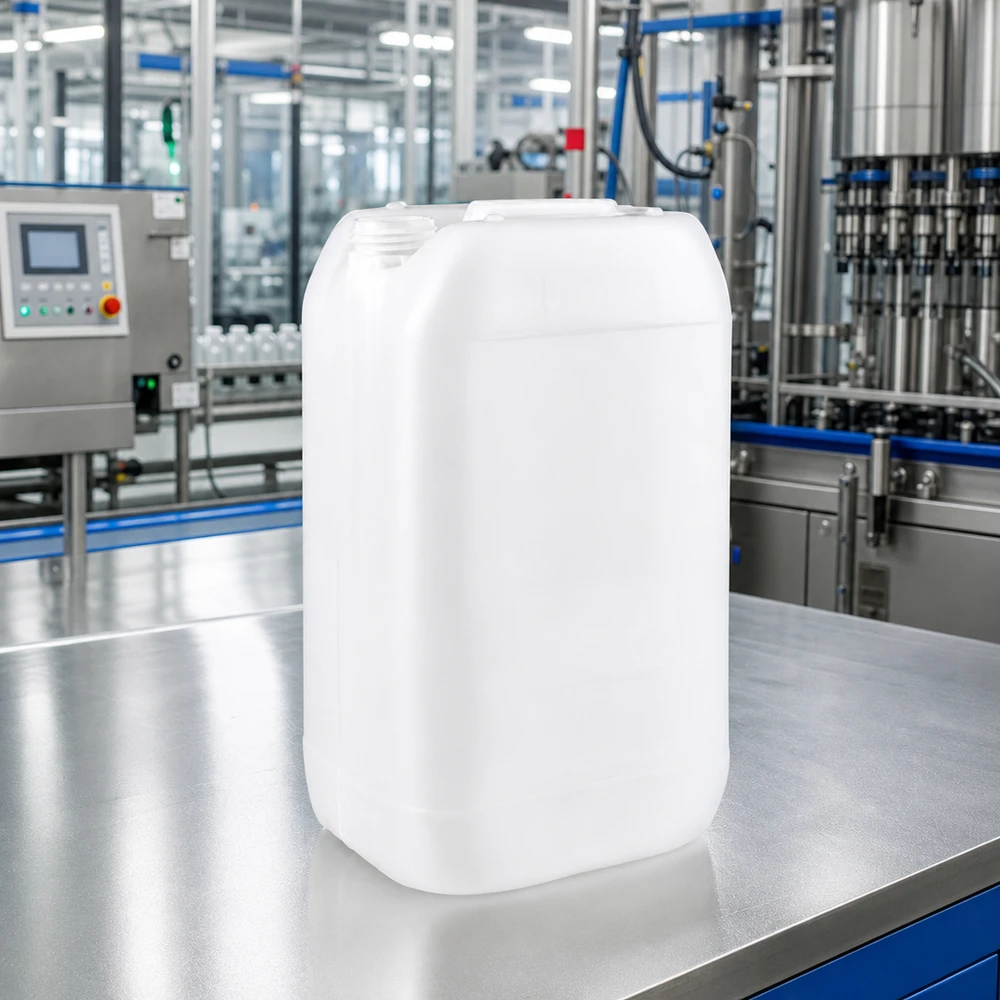 Bidon industriel robuste de 15 litres sans bouchon, muni d'une poignée ergonomique, dans un atelier de production