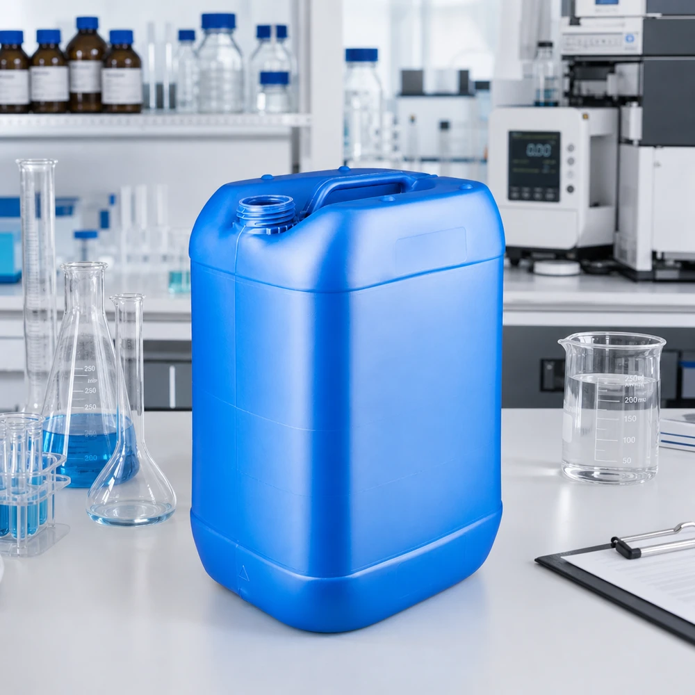 Grand bidon bleu vide de 25 L sans bouchon, destiné aux liquides chimiques en laboratoire