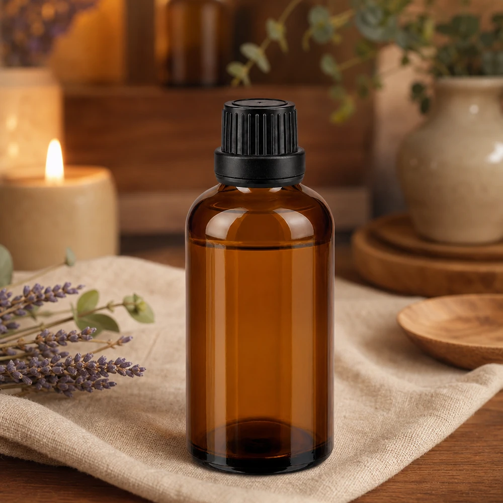 Flacon de pharmacie de 50 ml en verre ambré avec protection UV et bouchon noir de 11 mm pour cosmétiques naturels