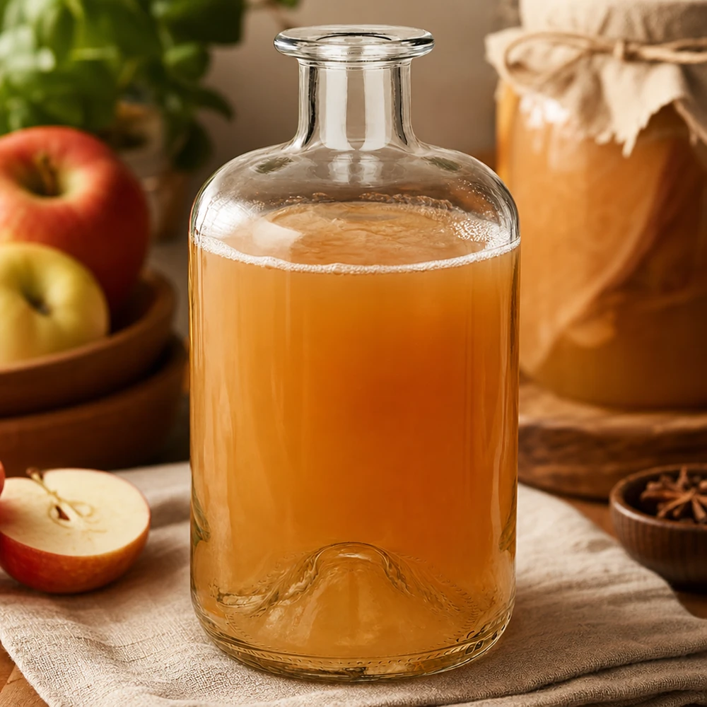 Flacon à pharmacie « 500ml Glasflasche "Luna" ohne Verschluss UNiTWIST » 500 ml sans bouchon UNiTWIST® Bouteille de pharmacie Luna 500ml remplie de jus de pomme à côté de pommes fraîches et d'épices comme décoration de cuisine naturelle
