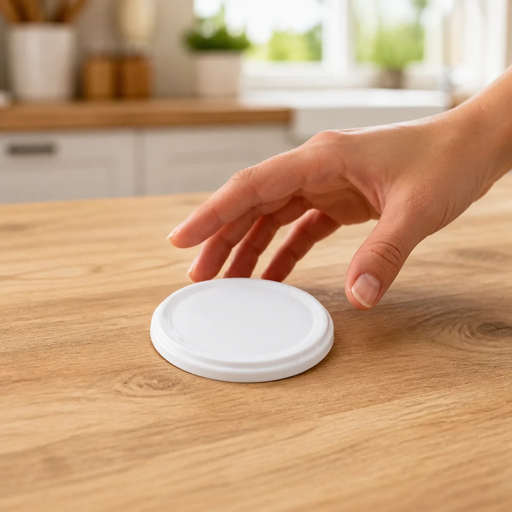 UNiTWIST TO58 : couvercle à vis blanc avec joint BioSeal sur une table de cuisine en bois clair