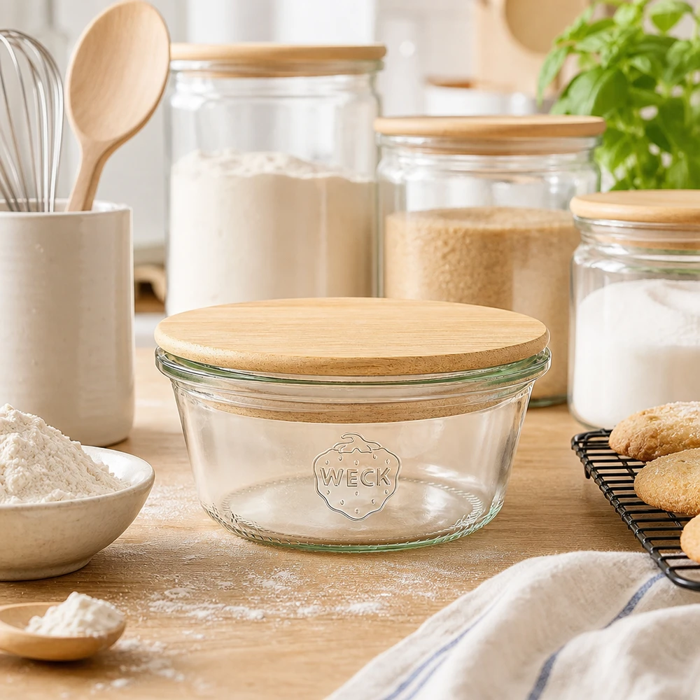 WECK Pot renversé 290ml RR100 avec couvercle en bois de bambou dans la cuisine de la boulangerie avec farine, biscuits et organisation des provisions