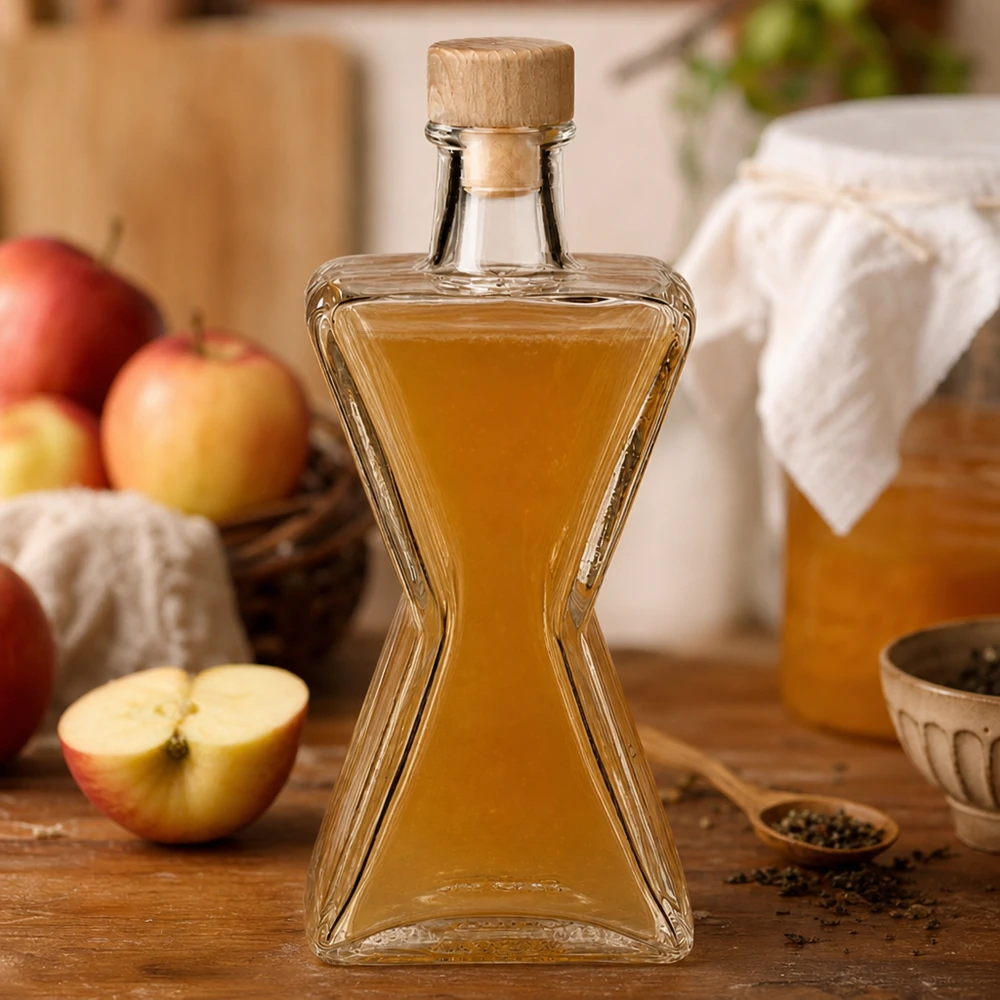 Bouteille en verre 200 ml « Star » avec bouchon en bois UNiTWIST® Bouteille en verre Star de 200 ml remplie de liqueur de pomme - bouchon en bois UNiTWIST présenté avec des pommes fraîches dans un décor de cuisine