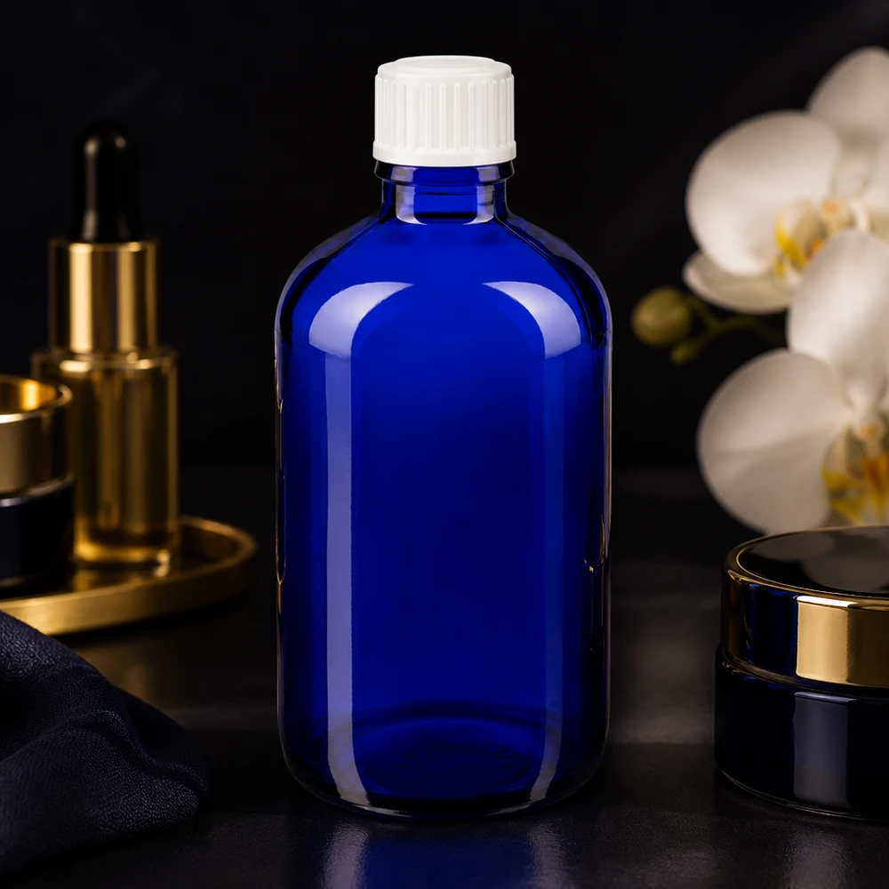 Flacon de pharmacie bleu cobalt 100 ml, modèle GR Standard, en verre borosilicaté de haute qualité