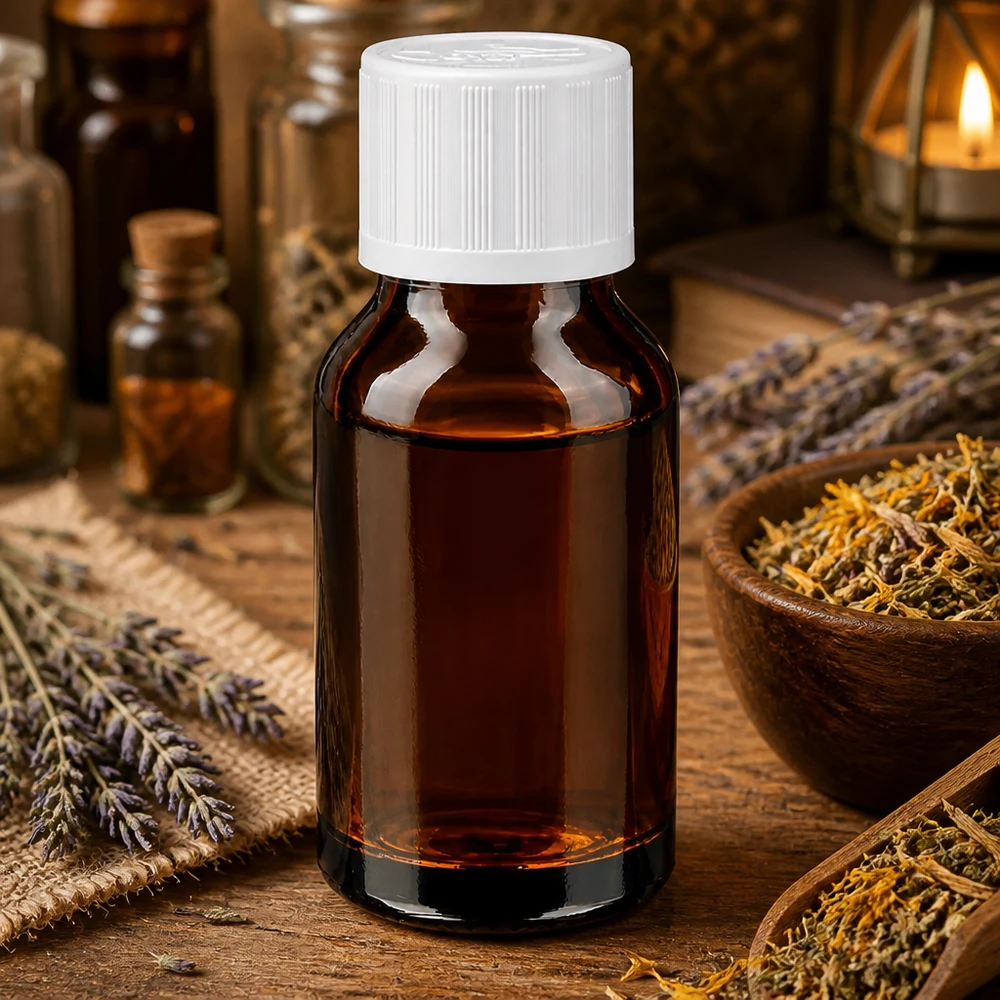 Flacon en verre brun foncé de 30 ml avec bouchon blanc à sécurité enfant, destiné aux remèdes naturels et aux teintures