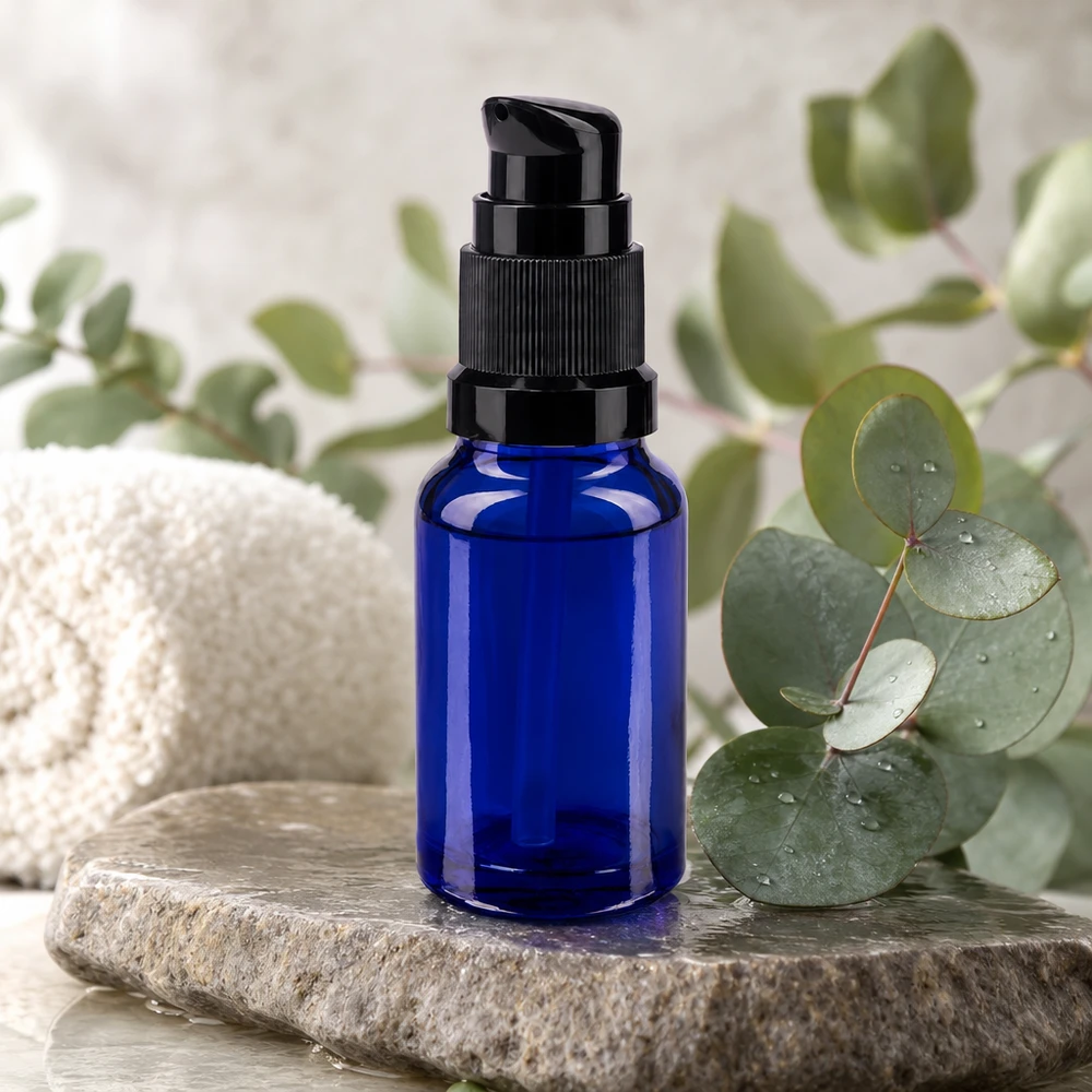 Flacon de pharmacie bleu 10ml bouchon pompe noir standart Flacon en verre bleu cobalt de 10 ml avec pompe noire, pour sérums et produits cosmétiques
