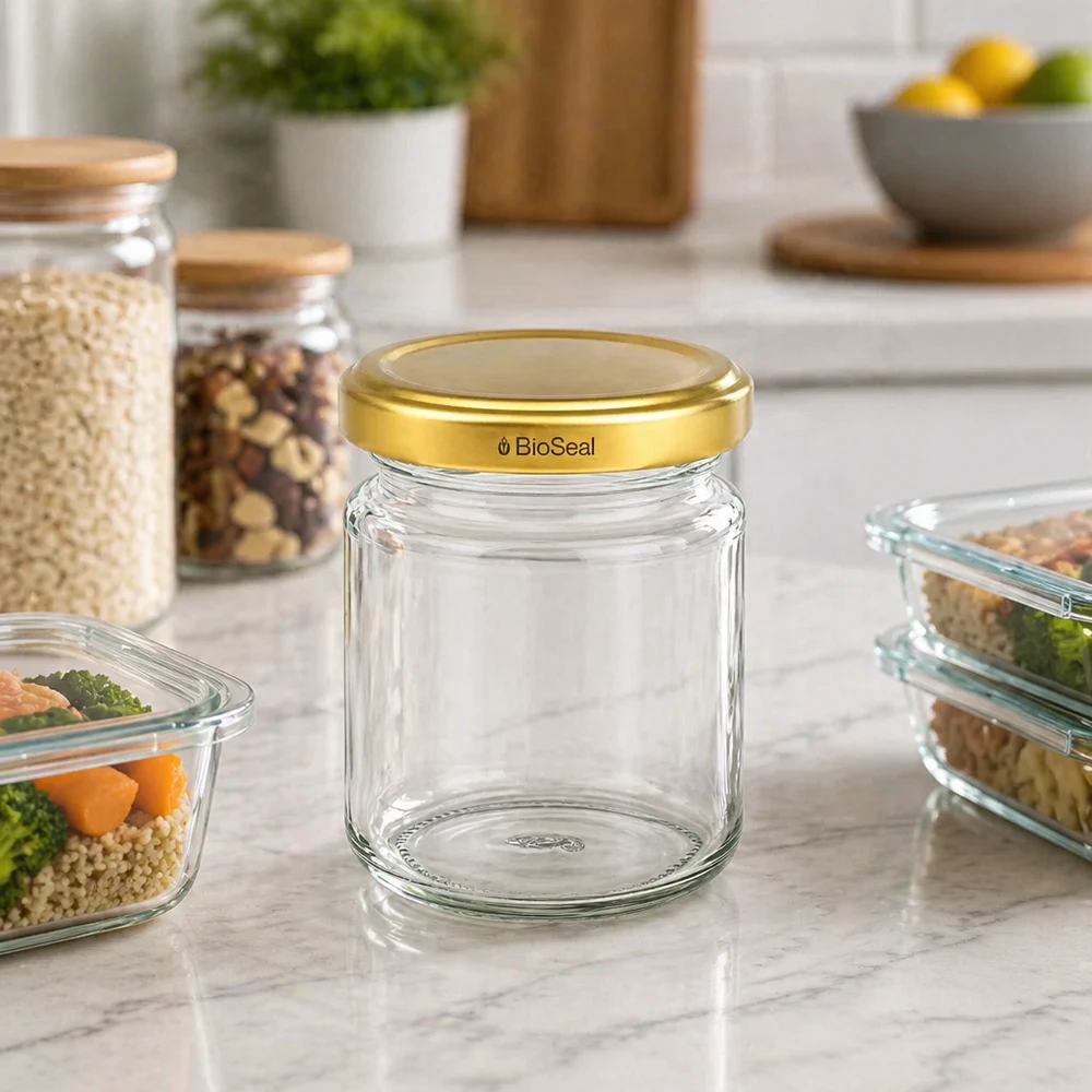 53ml Verre rond avec couvercle BioSeal or UNiTWIST UNiTWIST Runda53 Bocal à provisions avec couvercle TO43 BioSeal doré sur comptoir en marbre entre les récipients de cuisine