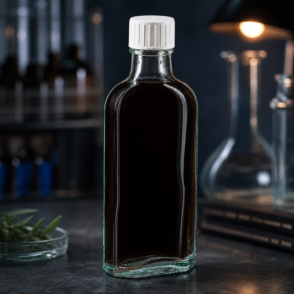 Flacon Meplat plat de 100 ml en verre transparent, muni d'un bouchon en plastique rainuré et d'un anneau verseur