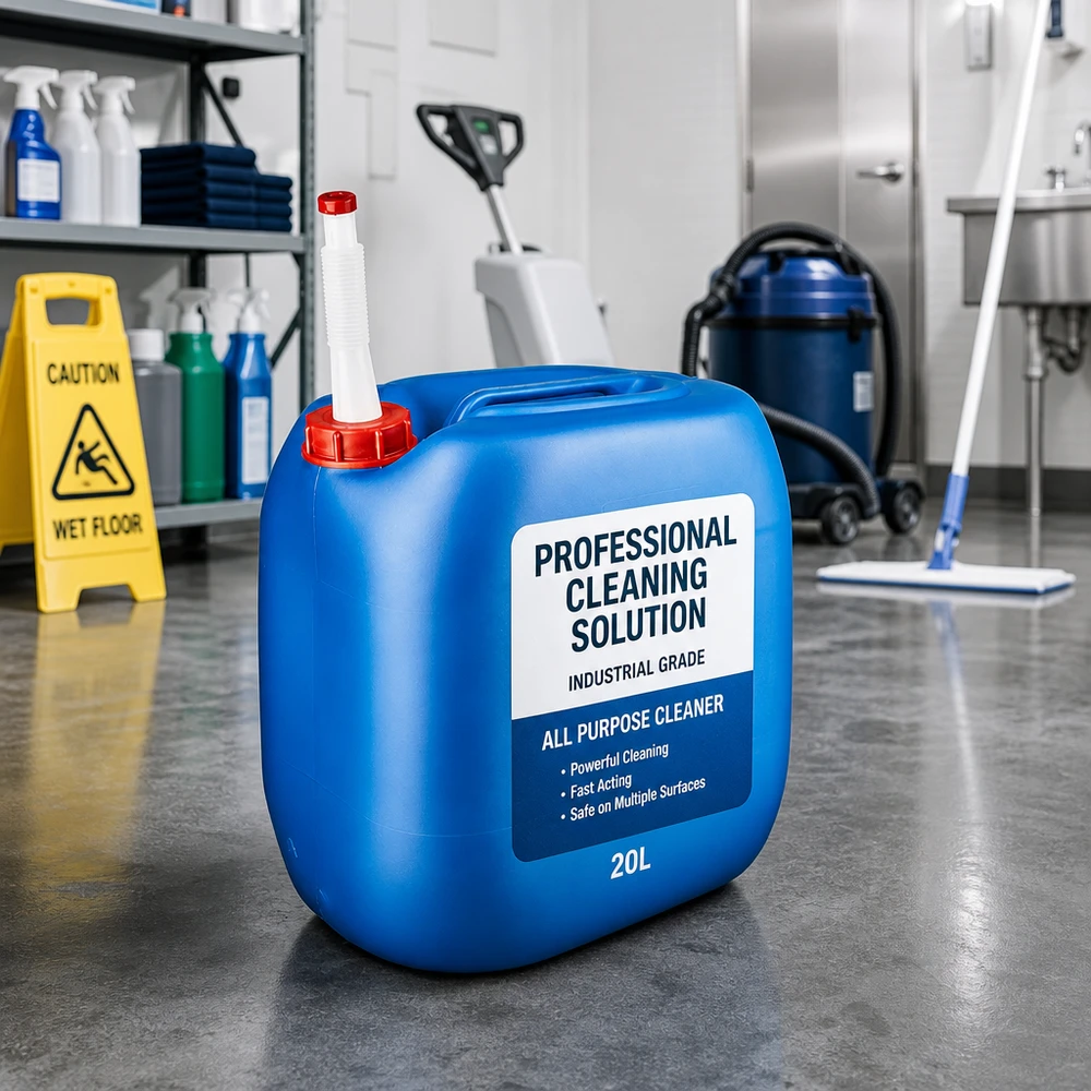 Bidon de 30 litres, bleu, avec bec verseur flexible, destiné aux solutions de nettoyage professionnelles dans le secteur commercial