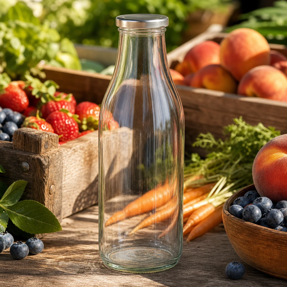 1000ml Bouteille avec couvercle BasicSeal argent UNiTWIST Bouteille en verre BasicSeal argent 1000ml parmi des fruits et légumes frais sur une table en bois atmosphère naturelle de stand de marché