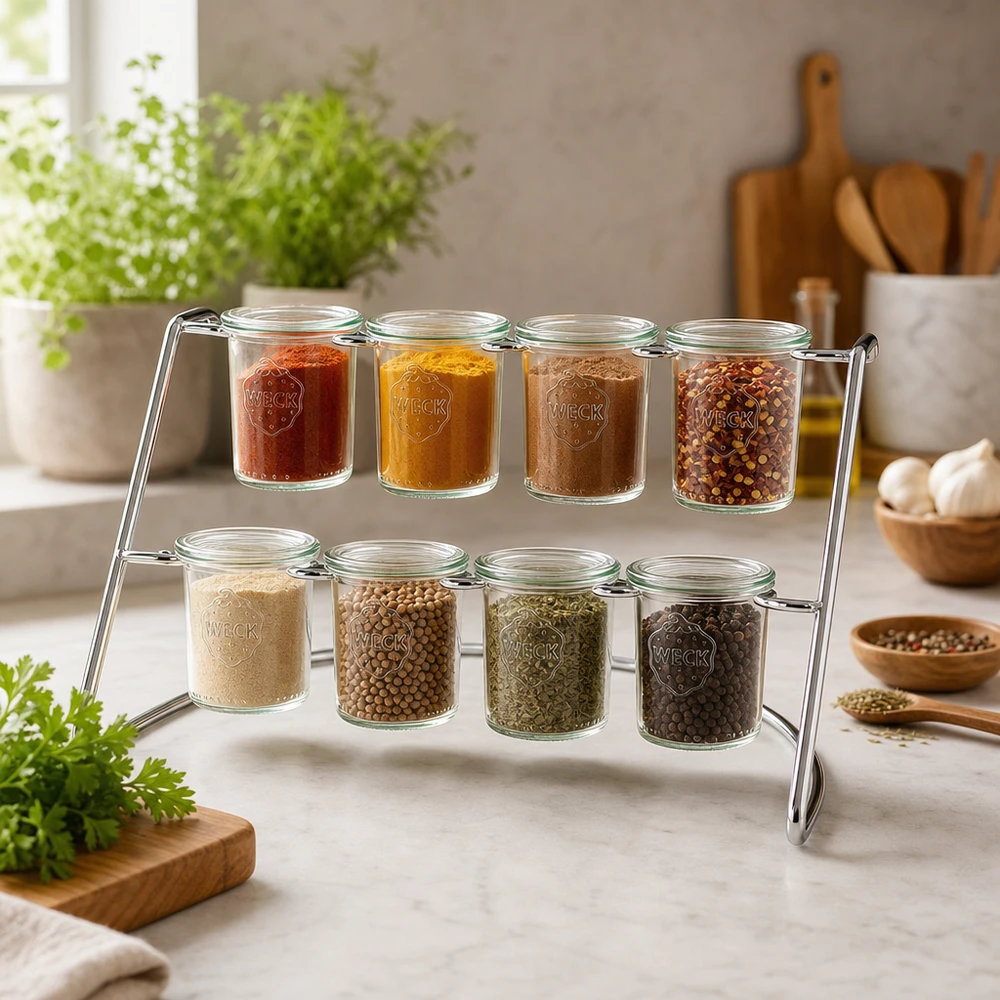 Présentoir Flato8 pour 8 bocaux WECK Rack de service Flato8 avec des épices et des herbes aromatiques dans des bocaux WECK comme étagère à épices dans une cuisine moderne avec des pots d'herbes aromatiques