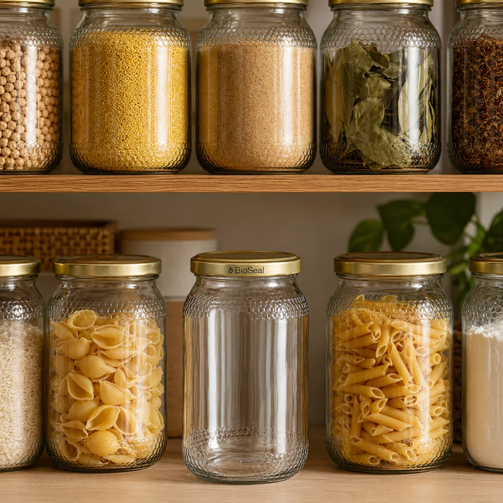 Pot de miel de 900ml avec couvercle BioSeal or en garde-manger organisé entre pâtes épices céréales Pantry
