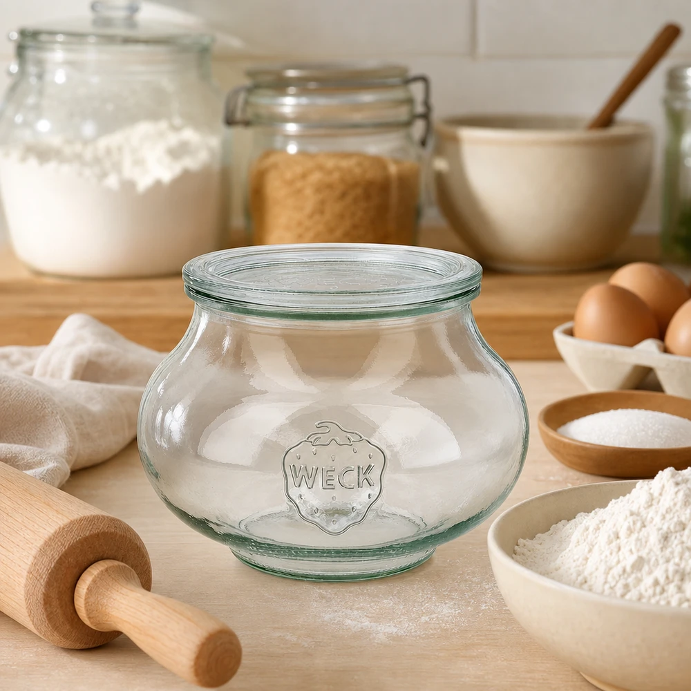 WECK Bocal à bijoux 1062ml RR100 vide sur plan de travail en bois dans la cuisine de boulangerie avec farine oeufs et ustensiles de cuisson