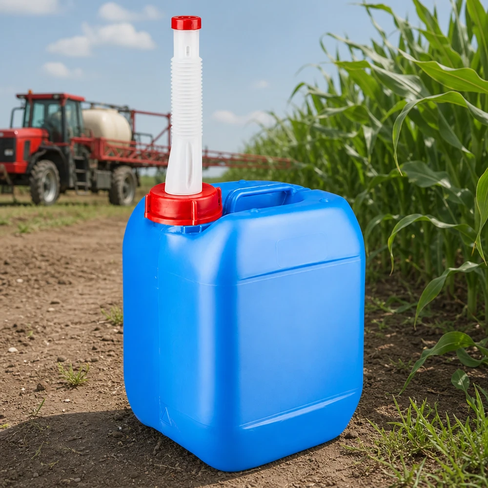 Bidon 5 litres bleu avec tube de vidange Flex Bidon portable en plastique bleu de 5 litres avec bec verseur blanc, destiné à l'agriculture