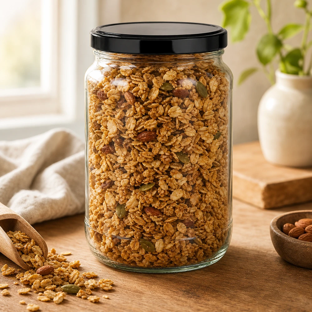 Muesli Granola en bocal rond de 1700ml couvercle noir BasicSeal pelle en bois Noix Céréales Conservation des aliments