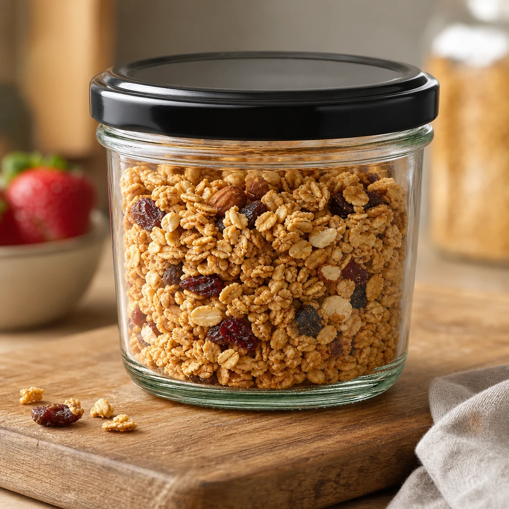 230ml Verre conique avec couvercle BasicSeal noir UNiTWIST Le bocal de 230 ml rempli de céréales et de fruits secs montre une utilisation polyvalente pour la conservation des aliments.
